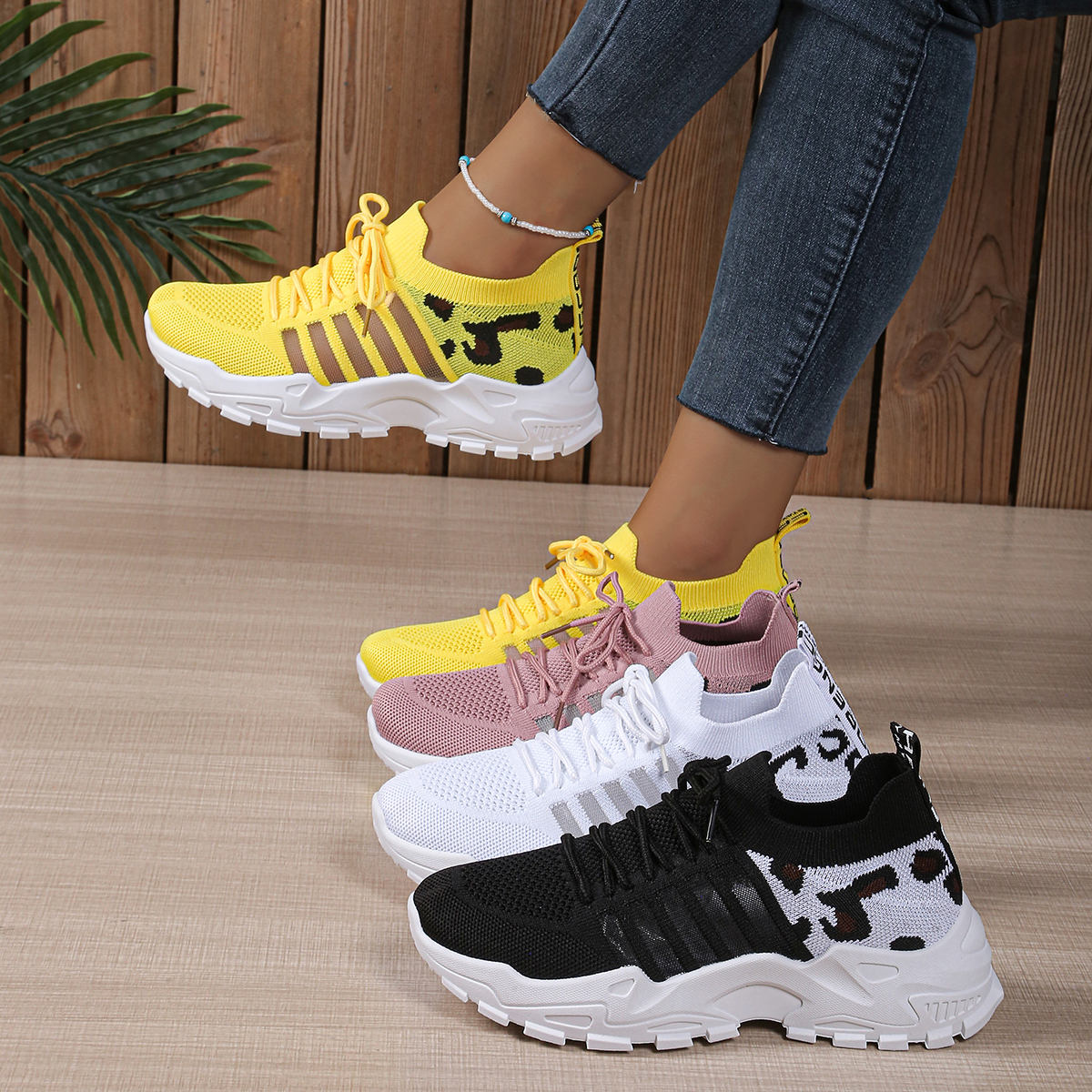 Street Fashion Walk - Leopard Print Knit Women's Sneakers Breathable