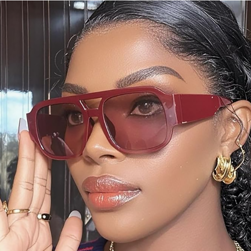 Street Fashion Photoshoot - Unisex Burgundy Square Double Bridge Sunglasses,